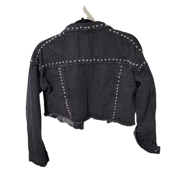 Fashionemoji Silver Studded Black Cropped Denim Jacket Women's Size Small 1066 - Picture 2 of 5